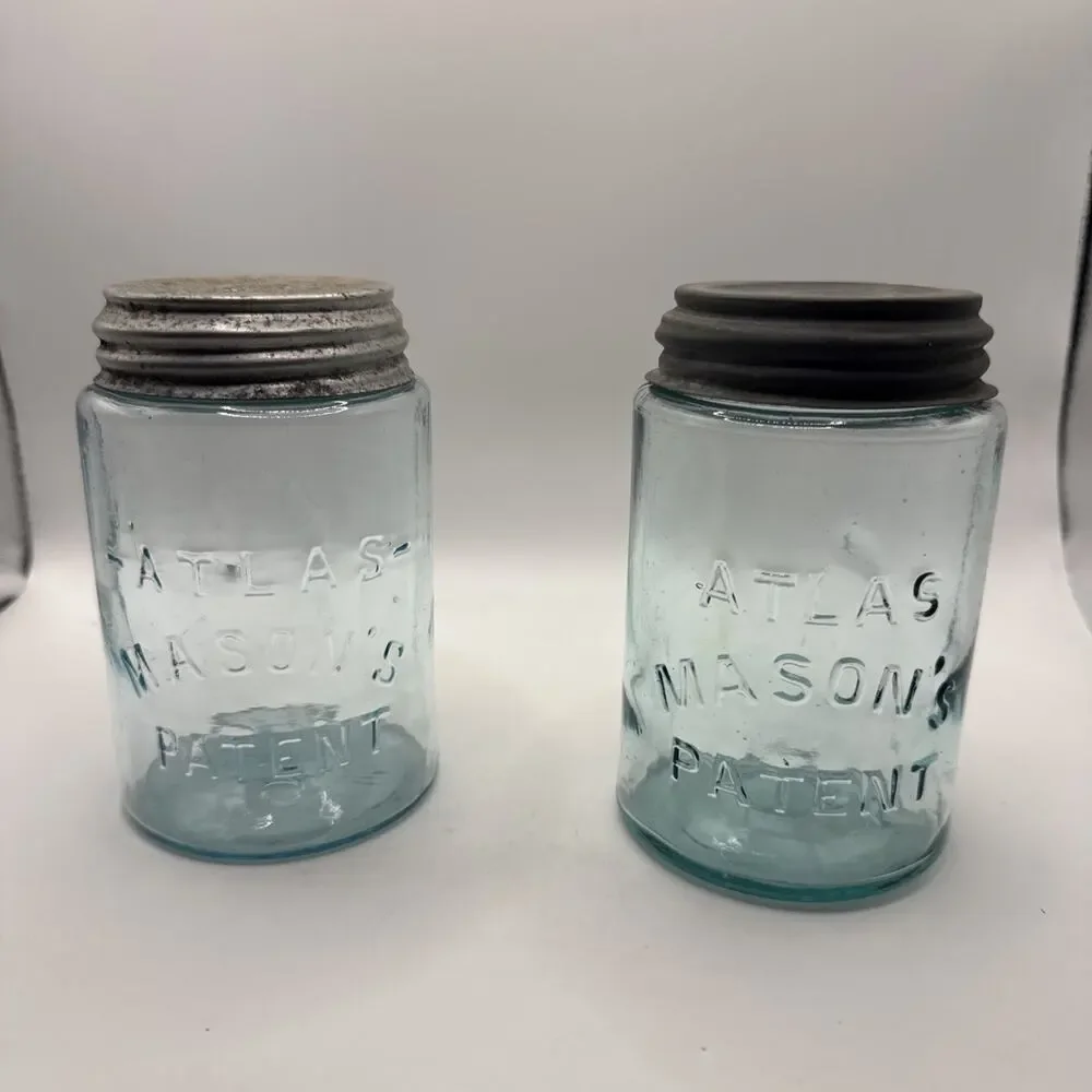 2 Antique Aqua Atlas Mason’s Patent Quart Jar